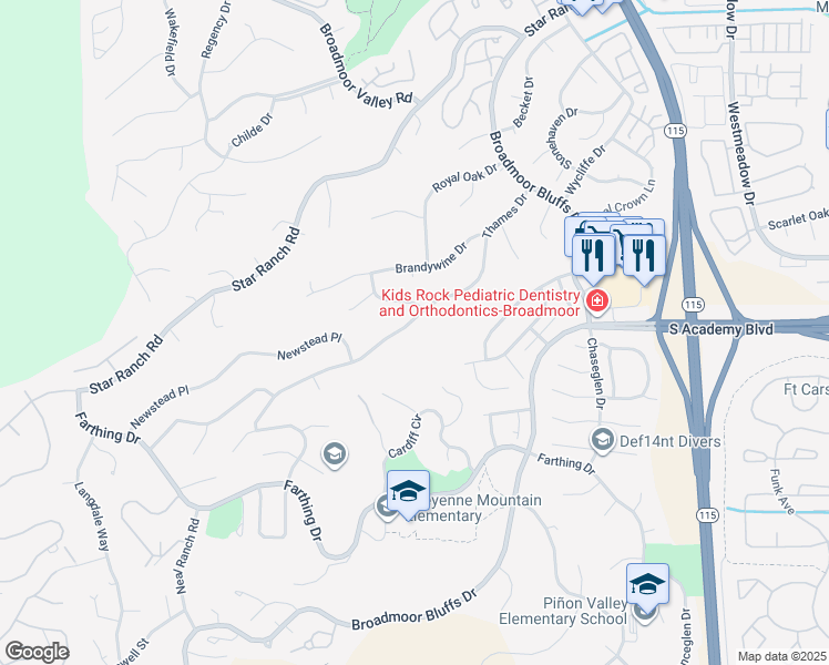 map of restaurants, bars, coffee shops, grocery stores, and more near 365 Thames Drive in Colorado Springs