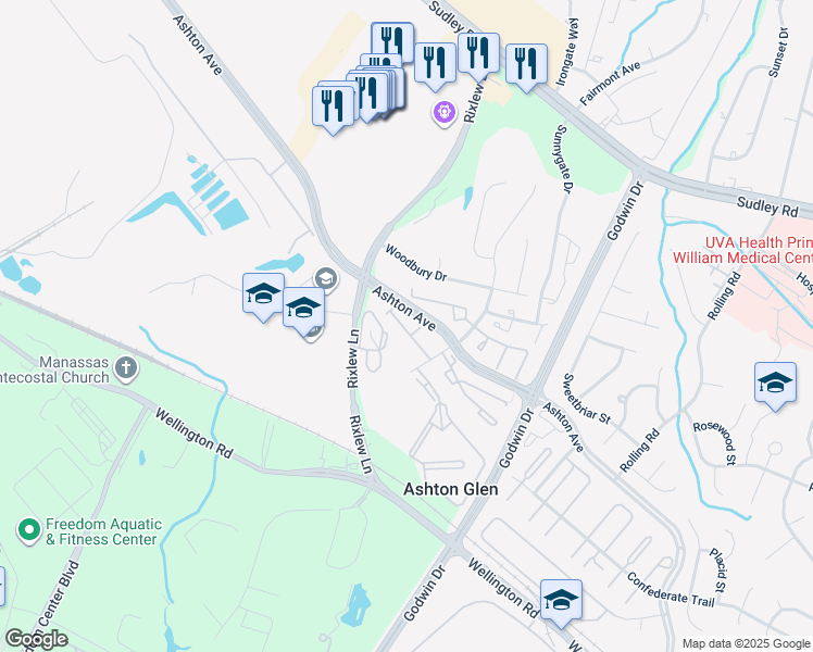 map of restaurants, bars, coffee shops, grocery stores, and more near 10148 Wilmington Street in Manassas