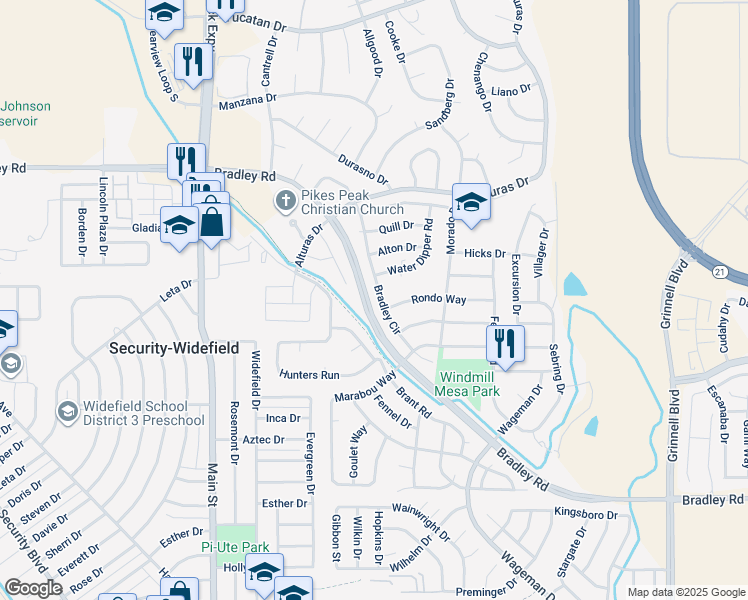 map of restaurants, bars, coffee shops, grocery stores, and more near 5298 Bradley Circle in Colorado Springs