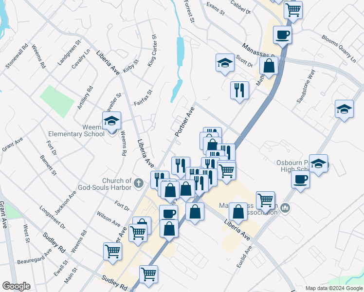 map of restaurants, bars, coffee shops, grocery stores, and more near 8670 Diane Court in Manassas