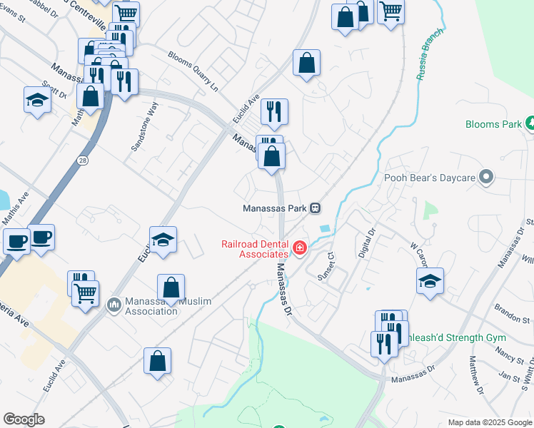 map of restaurants, bars, coffee shops, grocery stores, and more near 8229 Conner Drive in Manassas Park