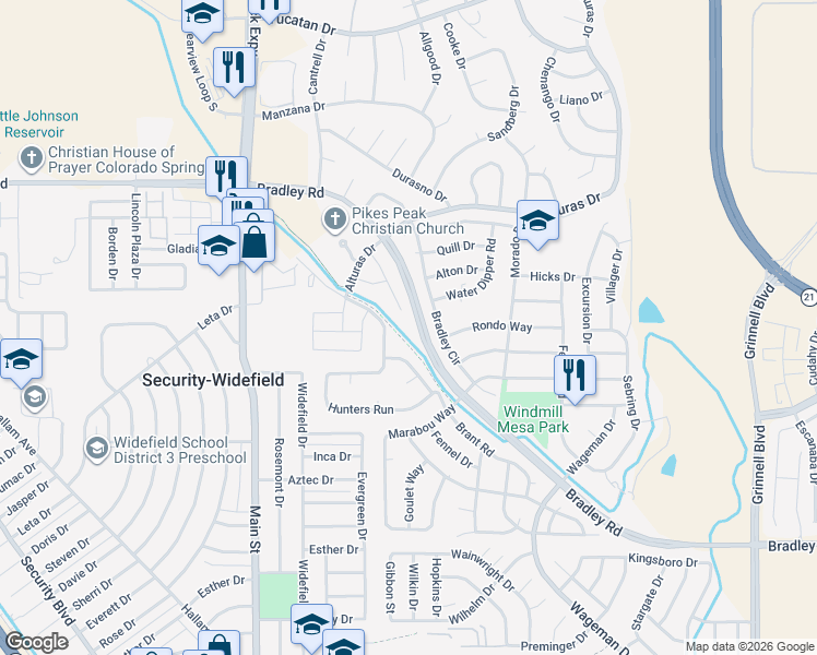 map of restaurants, bars, coffee shops, grocery stores, and more near 4578 Windmill Creek Way in Colorado Springs