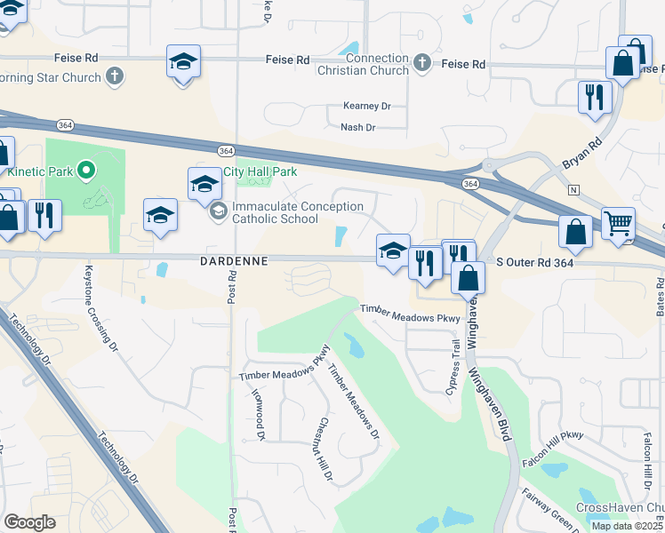 map of restaurants, bars, coffee shops, grocery stores, and more near 114 Timber Creek Drive in O'Fallon