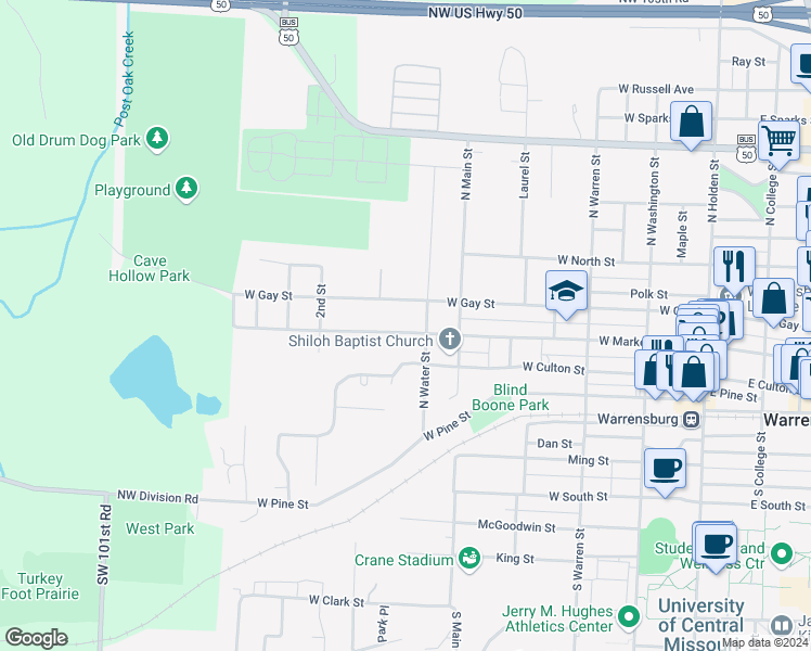 map of restaurants, bars, coffee shops, grocery stores, and more near 304 North Water Street in Warrensburg