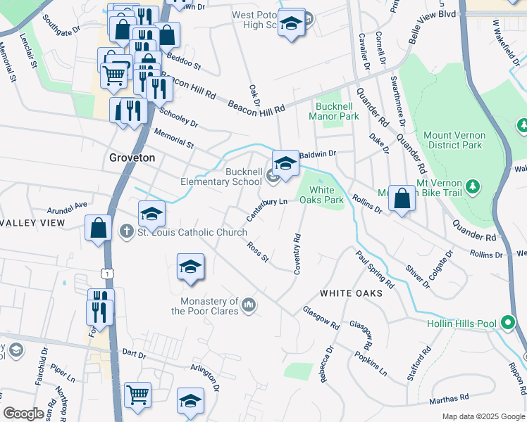 map of restaurants, bars, coffee shops, grocery stores, and more near 7029 Canterbury Lane in Alexandria