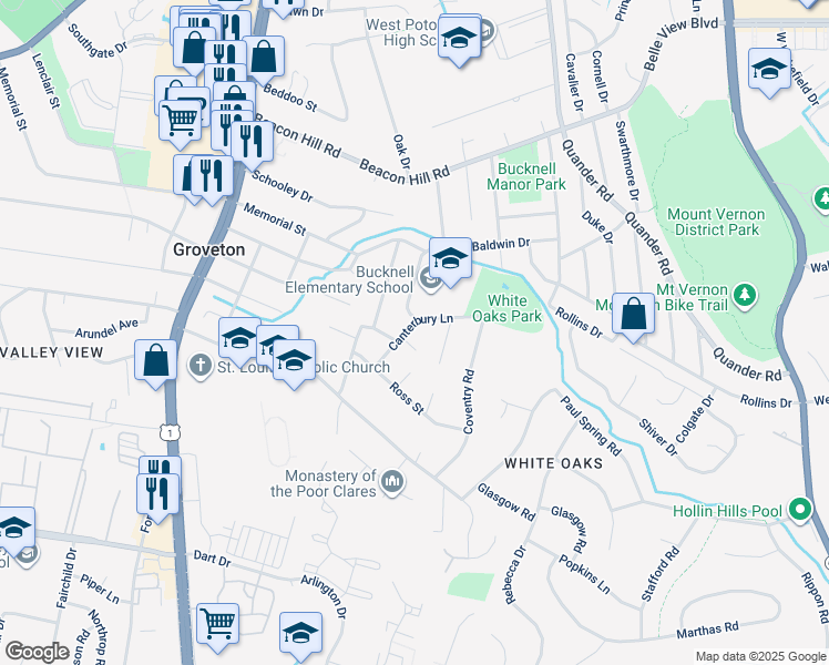 map of restaurants, bars, coffee shops, grocery stores, and more near 7029 Canterbury Lane in Alexandria