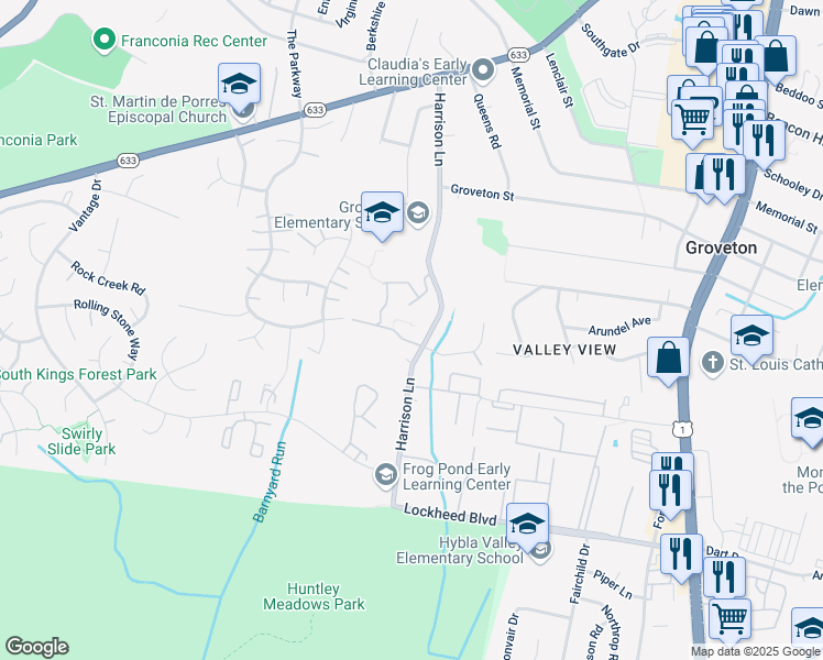 map of restaurants, bars, coffee shops, grocery stores, and more near 6918 Harrison Lane in Alexandria
