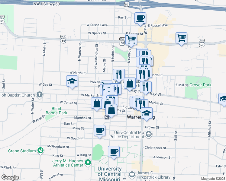 map of restaurants, bars, coffee shops, grocery stores, and more near 317 North Holden Street in Warrensburg