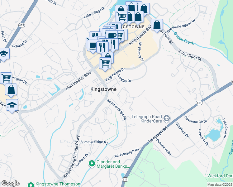 map of restaurants, bars, coffee shops, grocery stores, and more near 7017 Kings Manor Drive in Alexandria