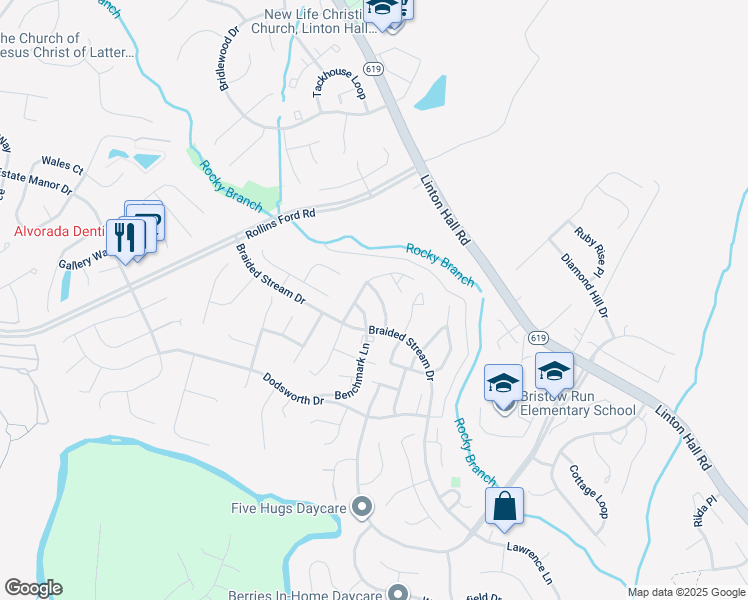 map of restaurants, bars, coffee shops, grocery stores, and more near 8772 Partridge Run Way in Bristow
