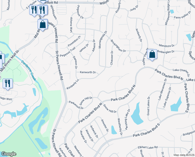 map of restaurants, bars, coffee shops, grocery stores, and more near 513 Kimberly Lane in St. Peters