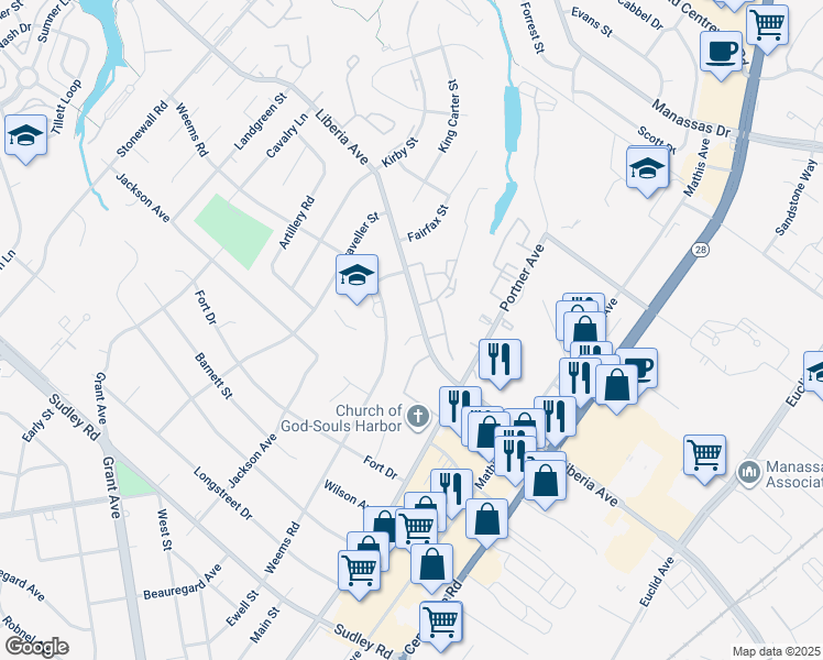 map of restaurants, bars, coffee shops, grocery stores, and more near 8668 Liberia Avenue in Manassas