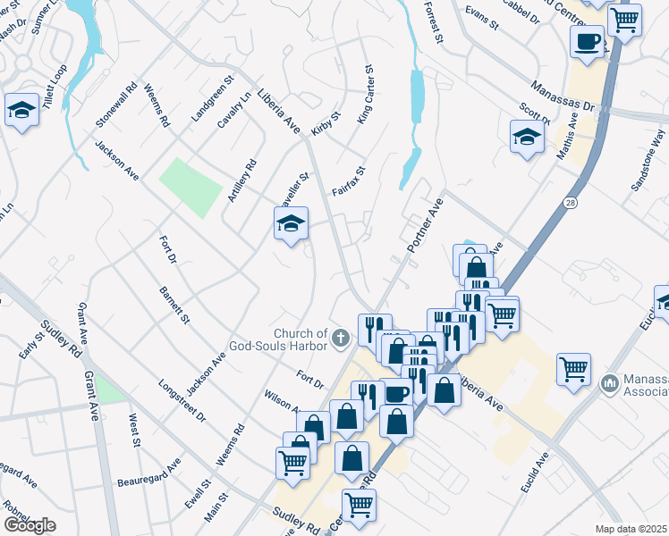 map of restaurants, bars, coffee shops, grocery stores, and more near 8668 Liberia Avenue in Manassas