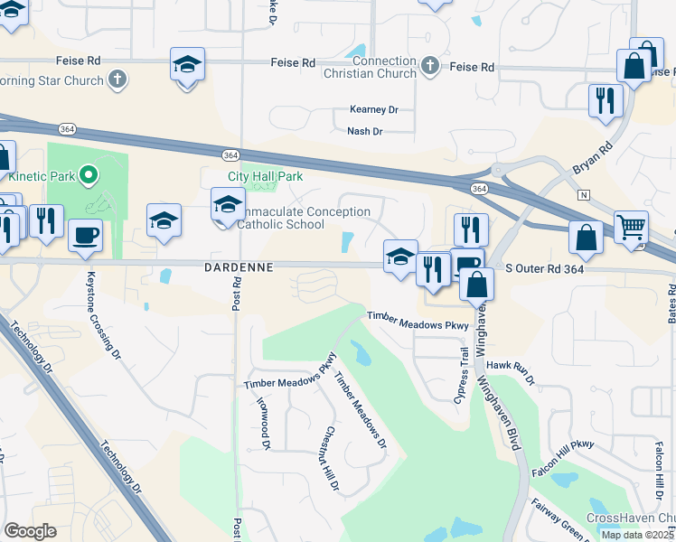 map of restaurants, bars, coffee shops, grocery stores, and more near 114 Timber Creek Drive in O'Fallon