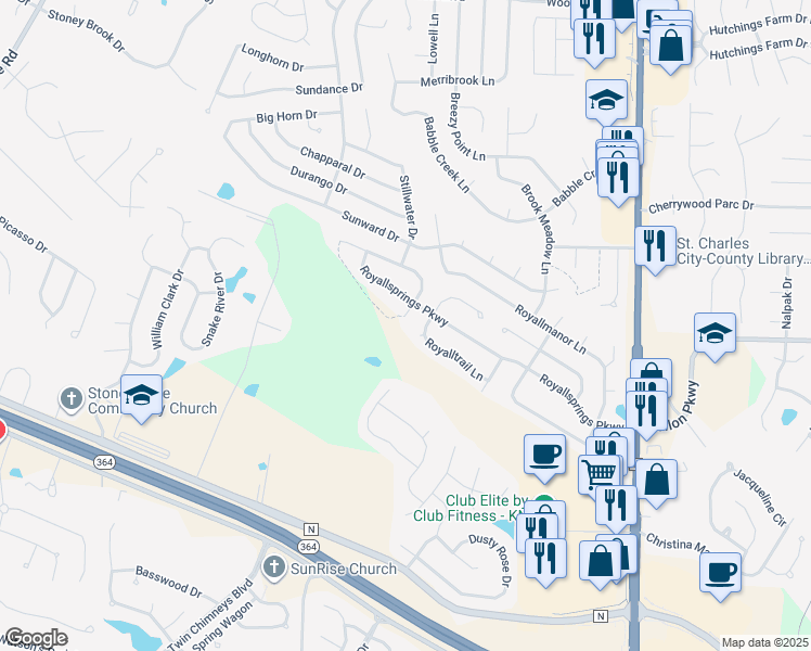 map of restaurants, bars, coffee shops, grocery stores, and more near 1201 Peaceful Valley Drive in O'Fallon