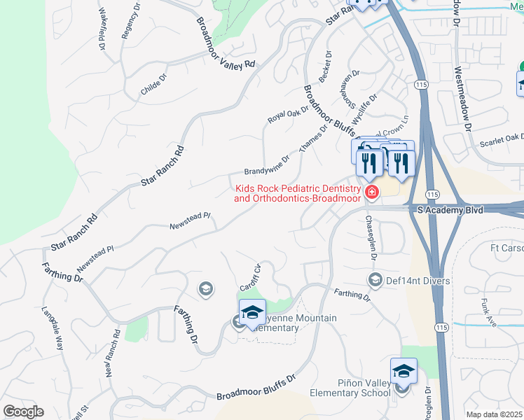 map of restaurants, bars, coffee shops, grocery stores, and more near 365 Thames Drive in Colorado Springs