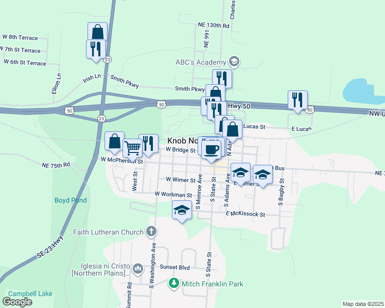map of restaurants, bars, coffee shops, grocery stores, and more near 209 West Bridge Street in Knob Noster
