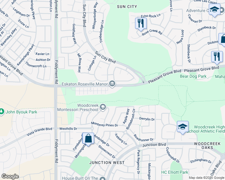 map of restaurants, bars, coffee shops, grocery stores, and more near in Roseville