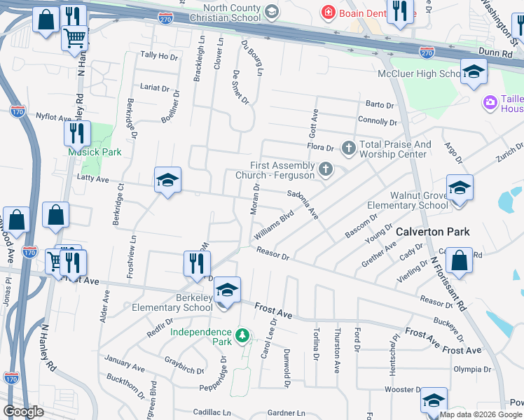 map of restaurants, bars, coffee shops, grocery stores, and more near 235 Manning Avenue in St. Louis