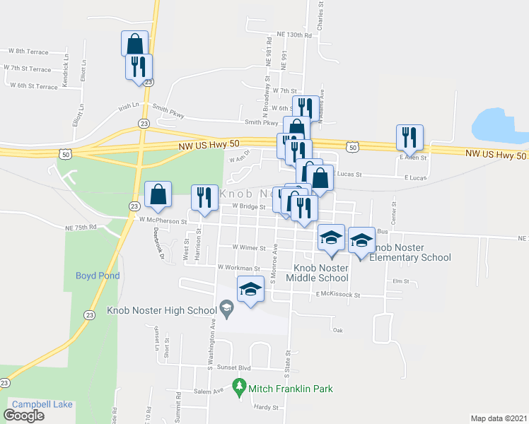 map of restaurants, bars, coffee shops, grocery stores, and more near in Knob Noster