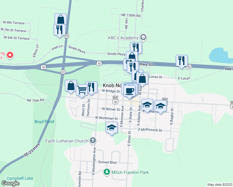 map of restaurants, bars, coffee shops, grocery stores, and more near in Knob Noster