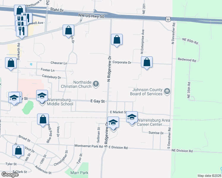 map of restaurants, bars, coffee shops, grocery stores, and more near 412 Acorn Place in Warrensburg
