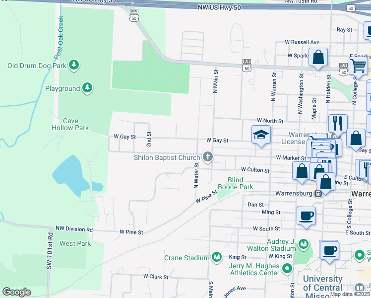 map of restaurants, bars, coffee shops, grocery stores, and more near 602 West Gay Street in Warrensburg