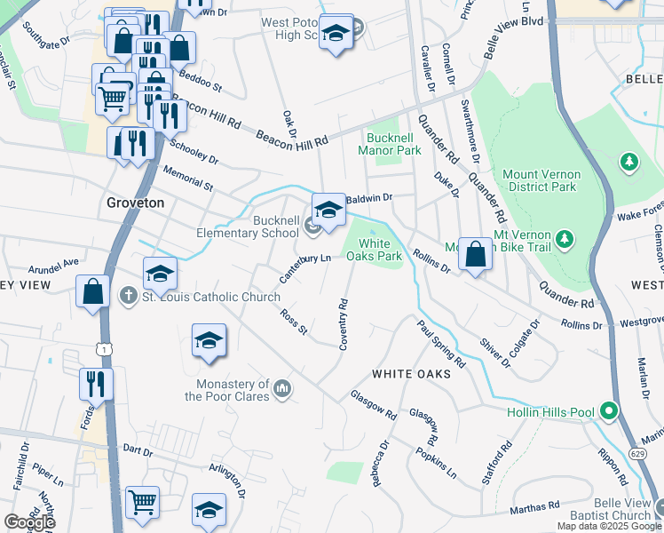 map of restaurants, bars, coffee shops, grocery stores, and more near 7001 Stanford Drive in Alexandria