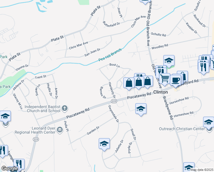 map of restaurants, bars, coffee shops, grocery stores, and more near 5802 Barnes Drive in Clinton