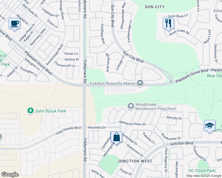 map of restaurants, bars, coffee shops, grocery stores, and more near 2076 Camino Real Way in Roseville
