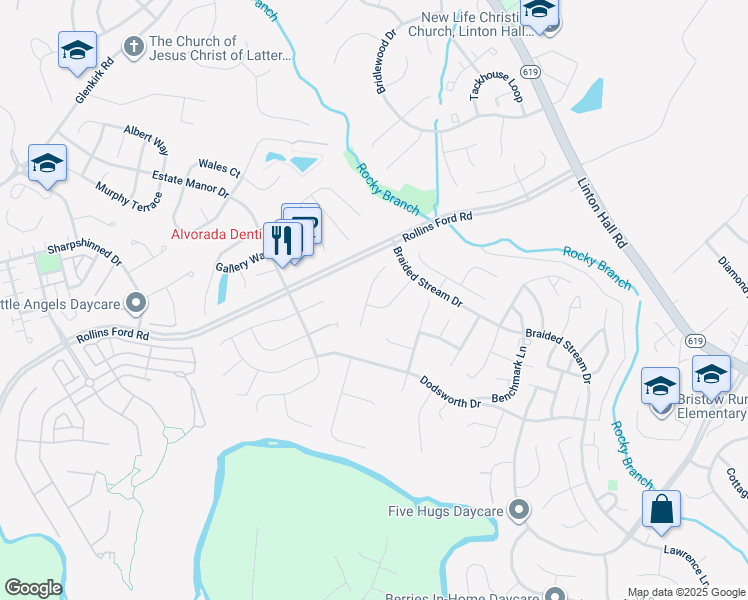map of restaurants, bars, coffee shops, grocery stores, and more near 8781 Comfort Court in Bristow