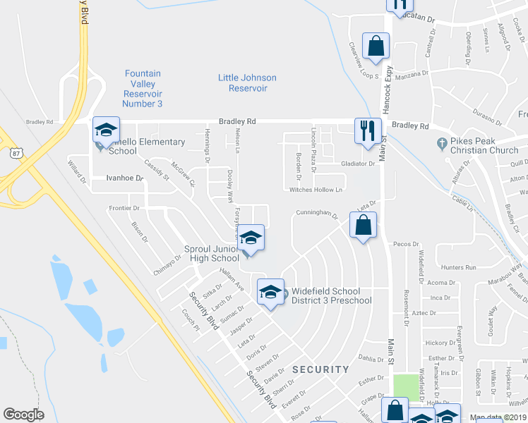 map of restaurants, bars, coffee shops, grocery stores, and more near 4605 Dooley Way in Colorado Springs