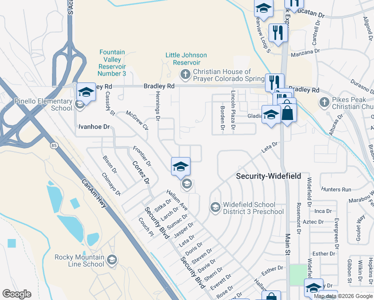 map of restaurants, bars, coffee shops, grocery stores, and more near 4515 Forsythe Drive in Colorado Springs