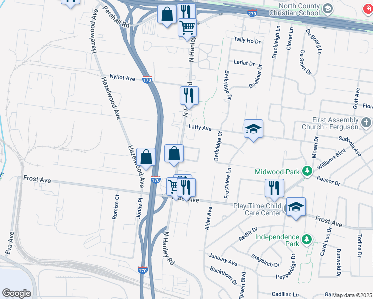 map of restaurants, bars, coffee shops, grocery stores, and more near 8624 Elwyn Drive in Hazelwood