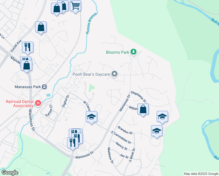 map of restaurants, bars, coffee shops, grocery stores, and more near 9237 Greenshire Drive in Manassas Park