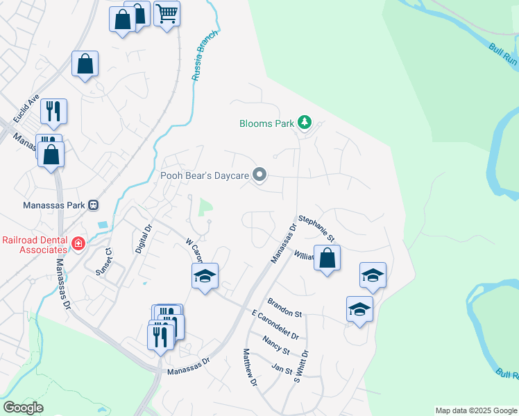 map of restaurants, bars, coffee shops, grocery stores, and more near 9247 Greenshire Drive in Manassas Park