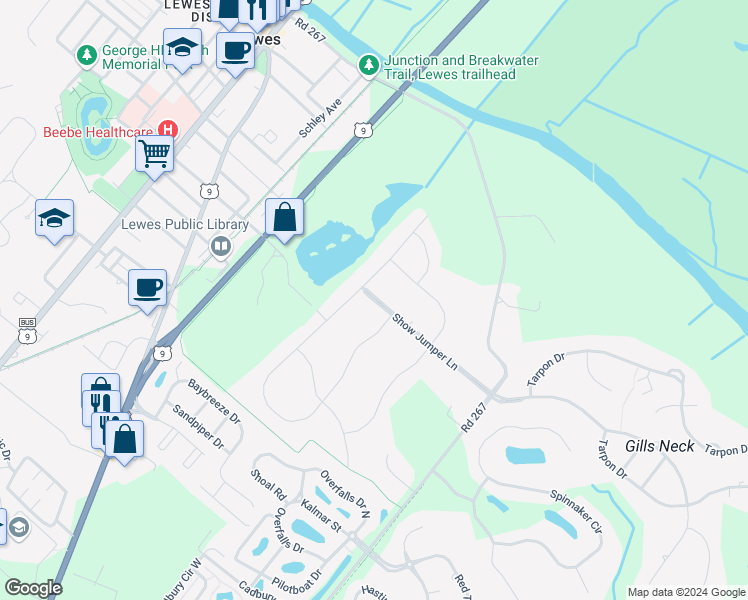 map of restaurants, bars, coffee shops, grocery stores, and more near 18314 Show Jumper Lane in Lewes