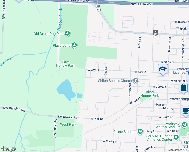 map of restaurants, bars, coffee shops, grocery stores, and more near 803 West Market Street in Warrensburg