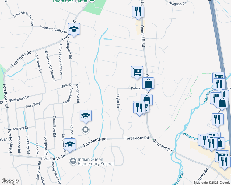 map of restaurants, bars, coffee shops, grocery stores, and more near 9005 Taylor Lane in Fort Washington