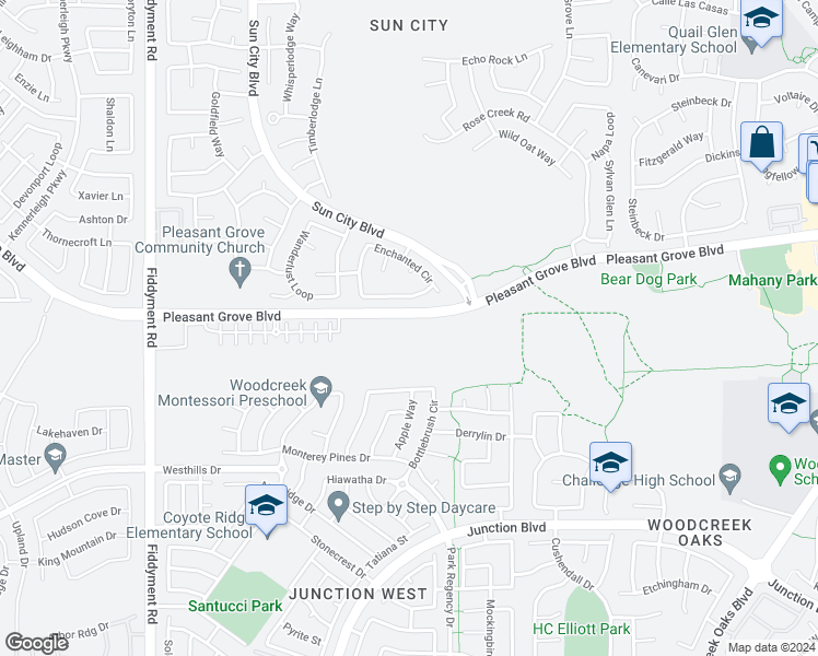 map of restaurants, bars, coffee shops, grocery stores, and more near 1721 Pleasant Grove Boulevard in Roseville