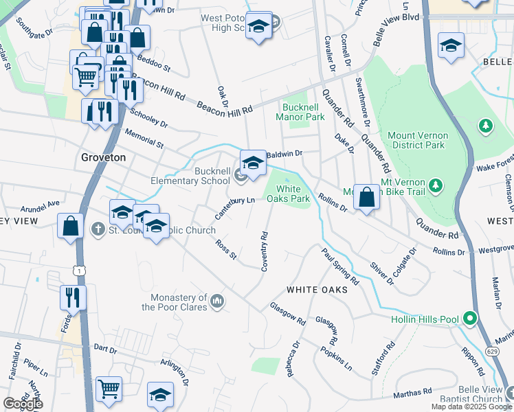 map of restaurants, bars, coffee shops, grocery stores, and more near 7001 Stanford Drive in Alexandria
