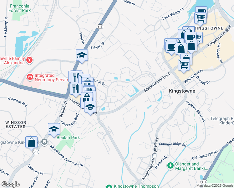 map of restaurants, bars, coffee shops, grocery stores, and more near 6912 Sandra Marie Circle in Alexandria