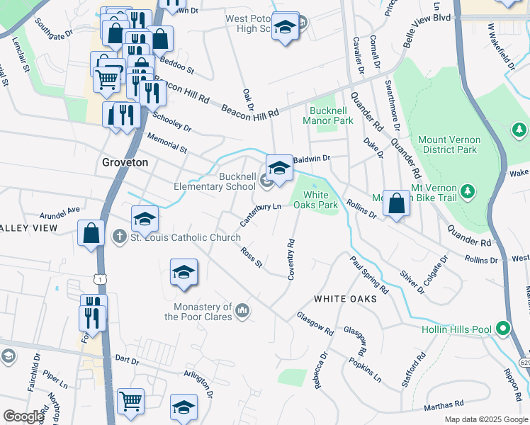 map of restaurants, bars, coffee shops, grocery stores, and more near 7019 Canterbury Lane in Alexandria