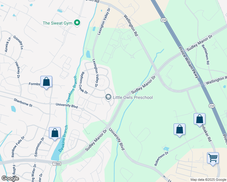 map of restaurants, bars, coffee shops, grocery stores, and more near 8815 Flatbush Court in Manassas