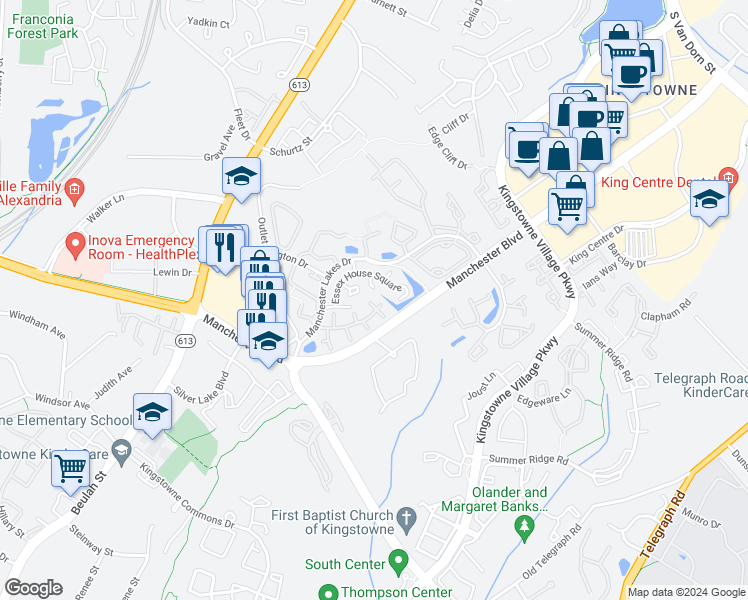 map of restaurants, bars, coffee shops, grocery stores, and more near 6000E Curtier Drive in Alexandria