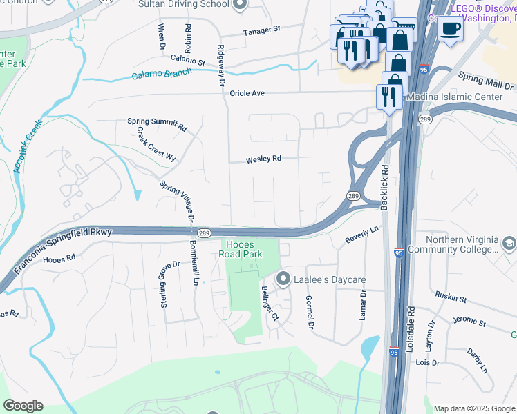 map of restaurants, bars, coffee shops, grocery stores, and more near 7001 Caton Woods Court in Springfield