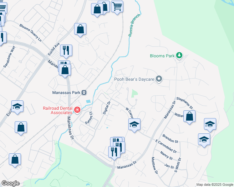 map of restaurants, bars, coffee shops, grocery stores, and more near 9556 Park Station Court in Manassas Park
