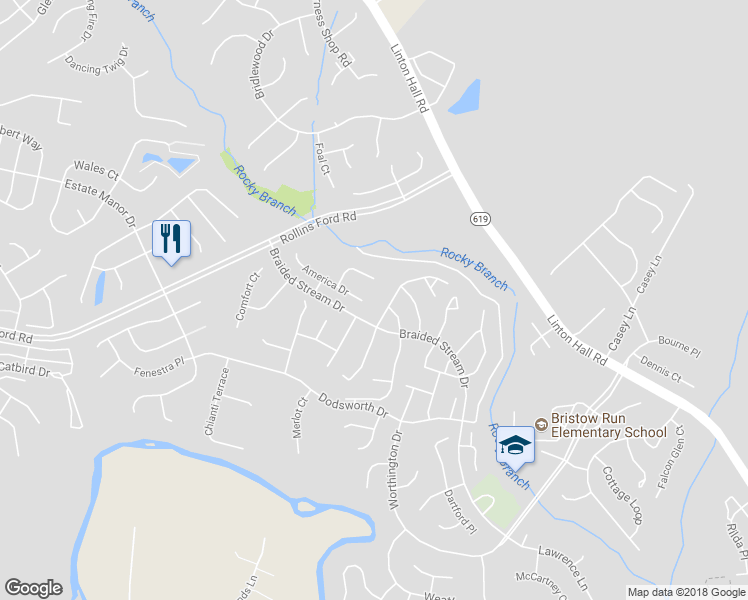 map of restaurants, bars, coffee shops, grocery stores, and more near 13600 America Drive in Bristow