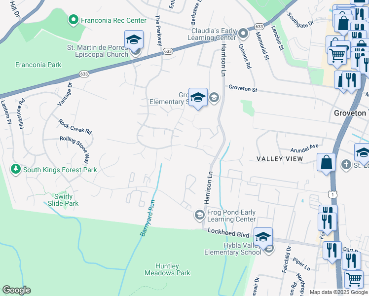 map of restaurants, bars, coffee shops, grocery stores, and more near 3733 Huntley Meadows Lane in Alexandria