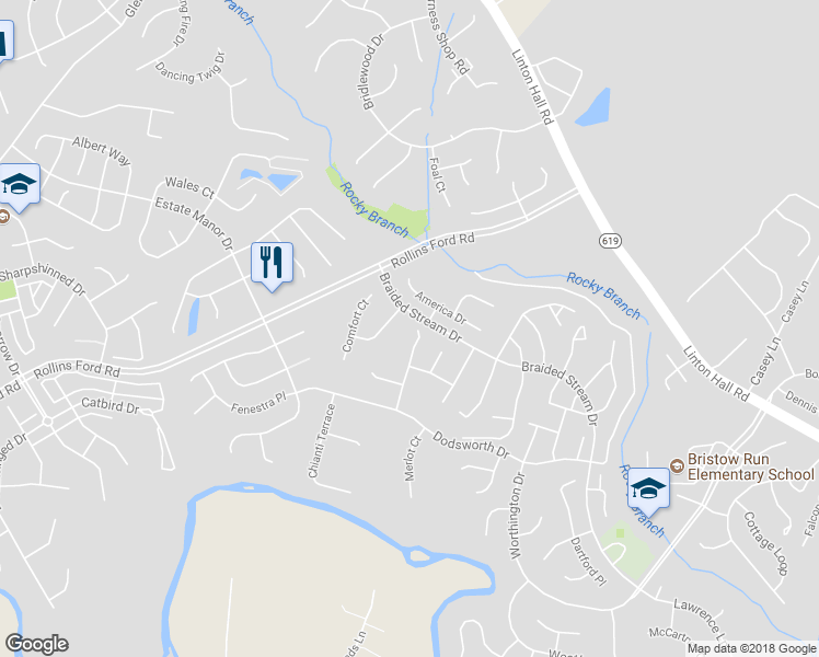 map of restaurants, bars, coffee shops, grocery stores, and more near 8908 Claret Way in Bristow